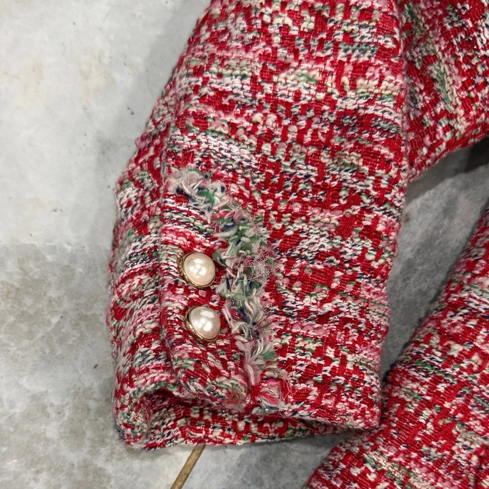 Zara Red Tweed Pearl-Button Jacket - Picture 3 of 8